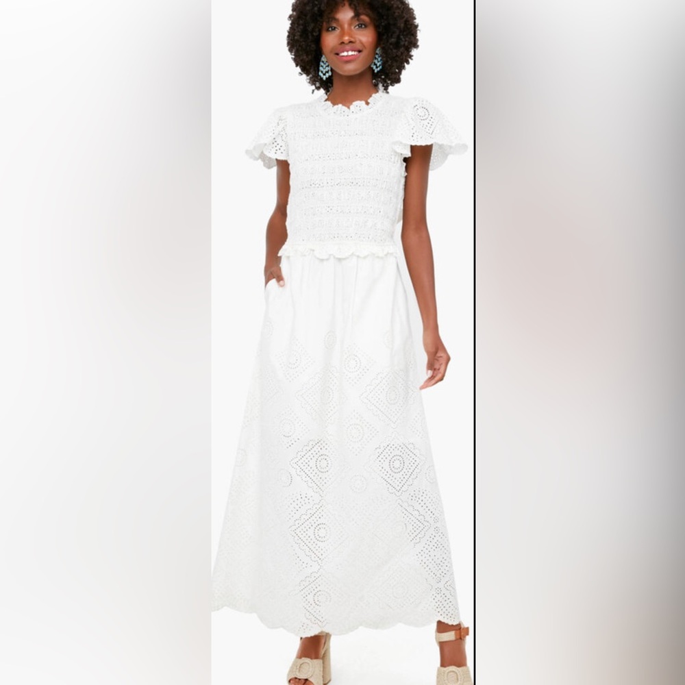 White Vienne Eyelet Smocked MIDI Dress
